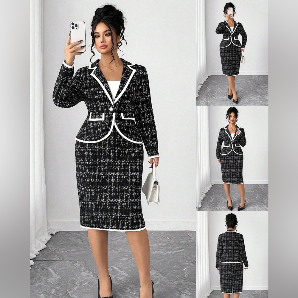 2Pcs Elegant Black and White Women's Skirt Suit
